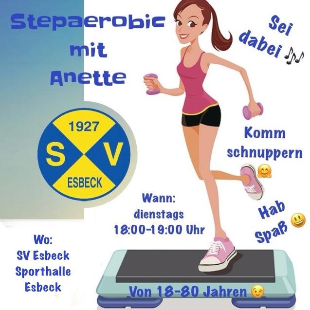 Grafik f&uuml;r Stepaerobic mit Anette, einschlie&szlig;lich Textinfos zur Zeit, Ort und Altersgruppe, sowie ein motiviertes Fitness-Icon.