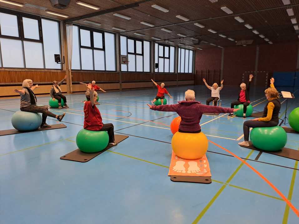 Gruppentraining auf Gymnastikballen in einer Sporthalle mit Teilnehmern in unterschiedlichen Positionen.
