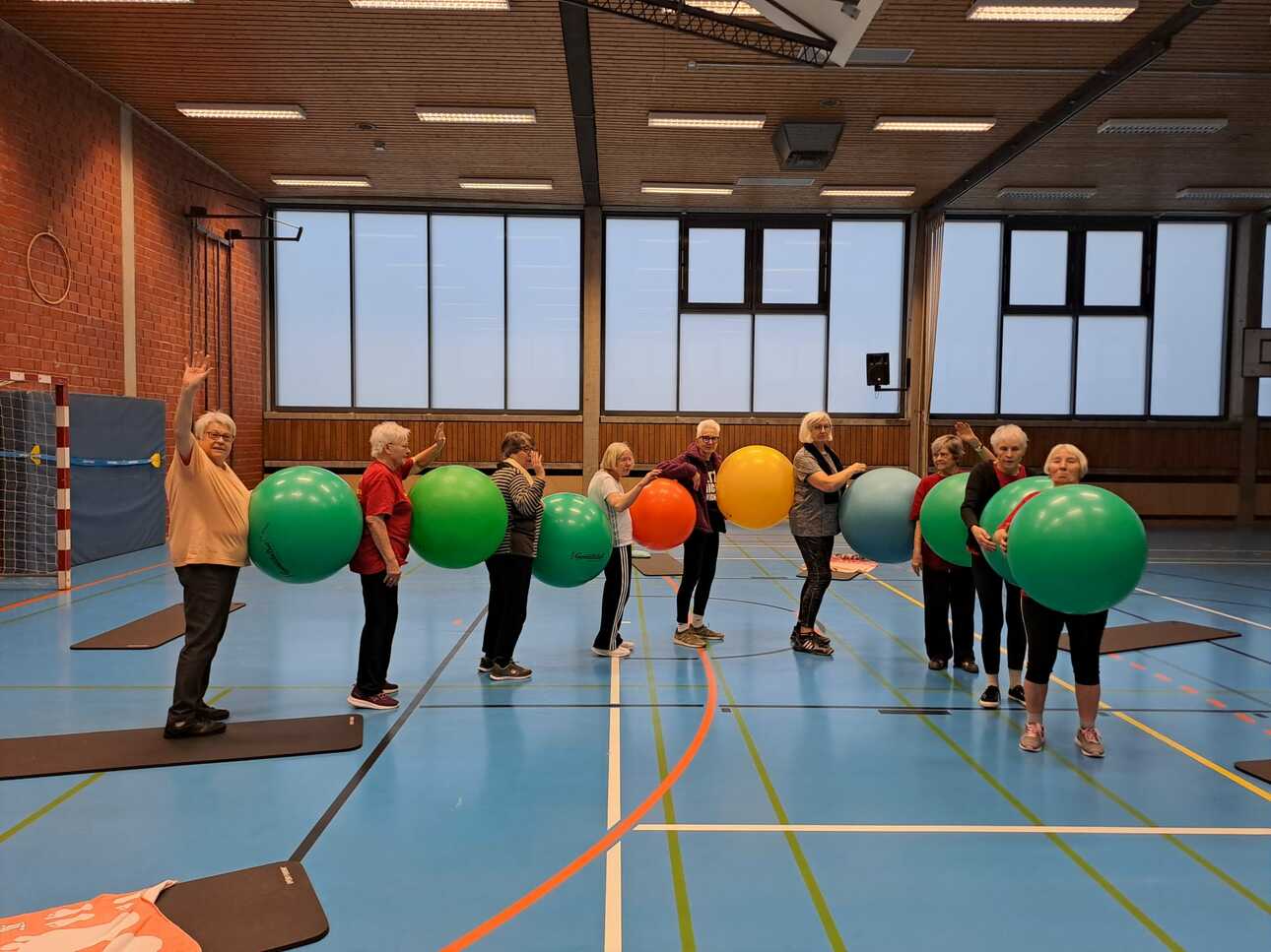 Gruppe von acht Personen in Sportkleidung h&auml;lt gro&szlig;e Gymnastikb&auml;lle in einer Turnhalle. Fenster im Hintergrund.
