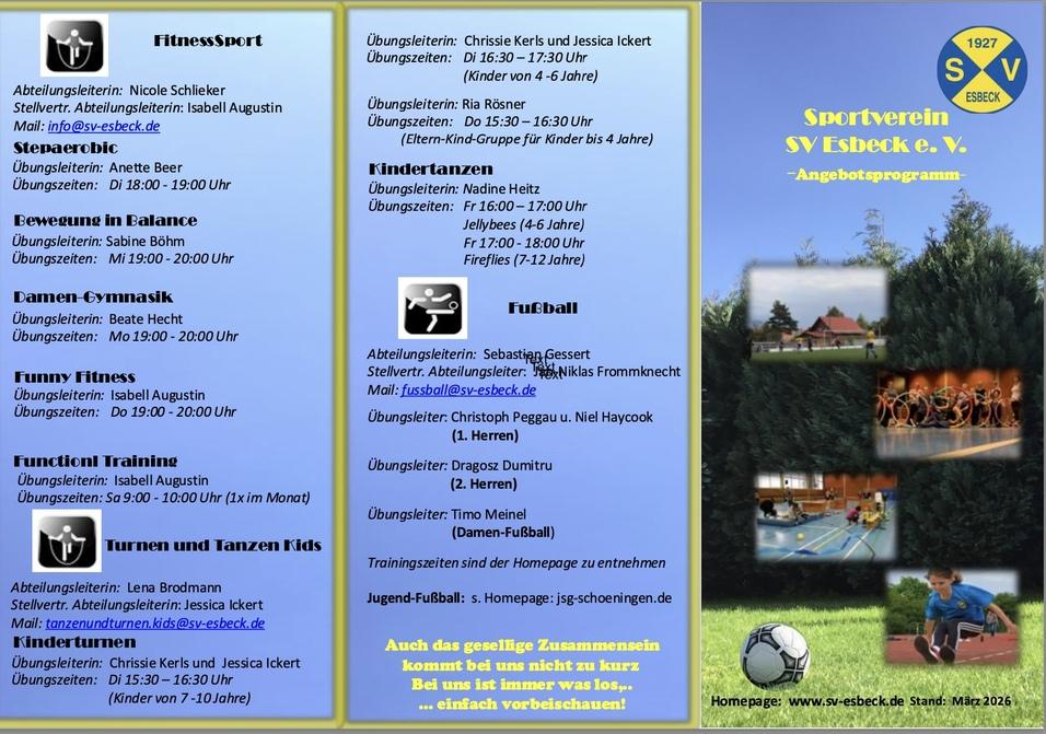 Informationsblatt des SV Esbeck e.V. mit Angeboten in verschiedenen Sportarten und &Uuml;bungsleitern.