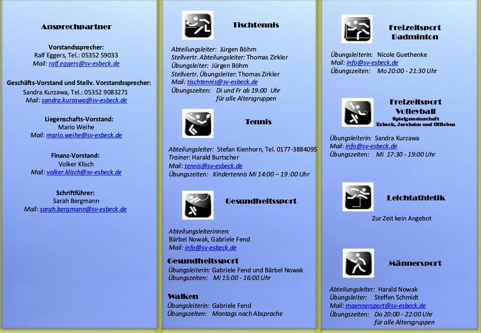 Informations&uuml;bersicht zu Ansprechpartnern und Sportangeboten in verschiedenen Kategorien auf strukturiertem Hintergrund.