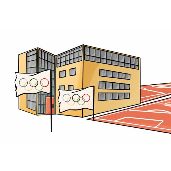 Illustration eines modernen Geb&auml;udes mit olympischen Flaggen sowie einer Sportfl&auml;che im Vordergrund.