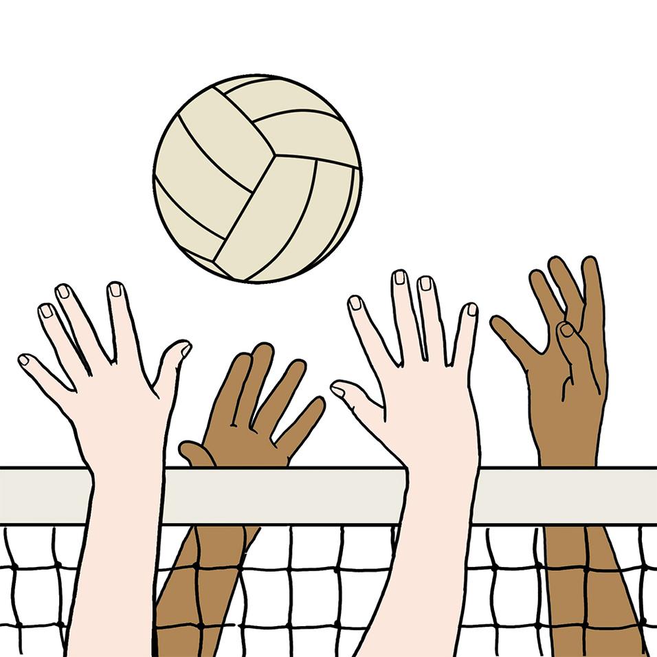 Hände von Spielern heben sich über ein Volleyballnetz, um einen Ball zu erreichen.