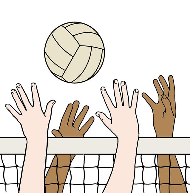 H&auml;nde von Spielern heben sich &uuml;ber ein Volleyballnetz, um einen Ball zu erreichen.