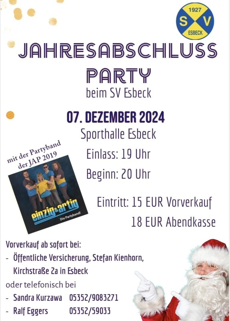 Einladung zur Jahresabschlussfeier des SV Esbeck am 7. Dezember 2024 in der Sporthalle mit Partyband.