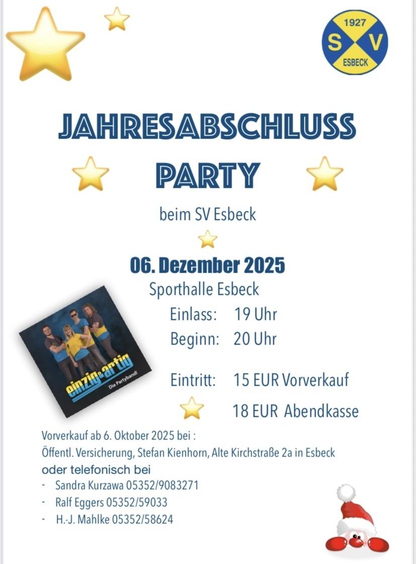 Einladung zur Jahresabschluss-Party des SV Esbeck am 6. Dezember 2025 in der Sporthalle Esbeck. Eintrittsinformationen.
